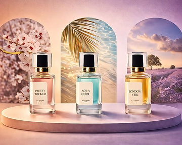 Three perfume bottles labeled 'Pretty Wicked', 'Aqua Cool', and 'London Veil' on a decorative stand with scenic backgrounds.